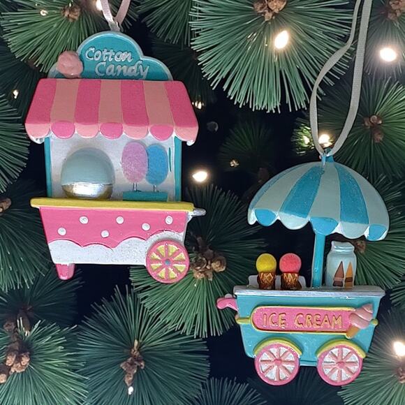 Cotton Candy & Ice Cream Carts Christmas Tree Ornaments Striped Roof Blue Pink - Picture 6 of 8